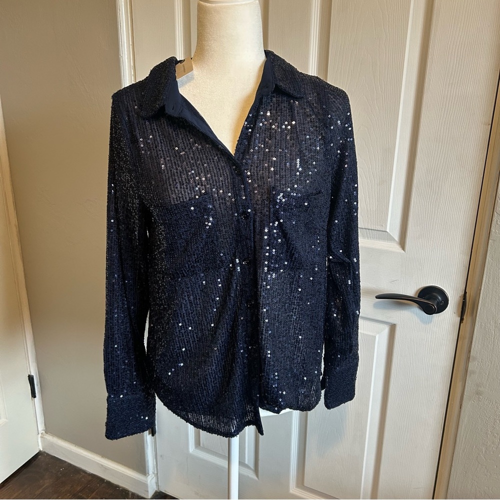 Anthropologie sunday in brooklyn blue Navy Sequin Button Down blouse